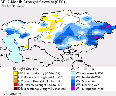 Kazakhstan SPI 2-Month Drought Severity (CPC) Thematic Map For 2/11/2024 - 4/10/2024