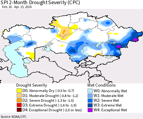 Kazakhstan SPI 2-Month Drought Severity (CPC) Thematic Map For 2/16/2024 - 4/15/2024