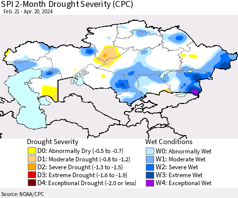 Kazakhstan SPI 2-Month Drought Severity (CPC) Thematic Map For 2/21/2024 - 4/20/2024