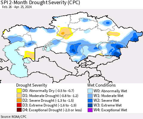 Kazakhstan SPI 2-Month Drought Severity (CPC) Thematic Map For 2/26/2024 - 4/25/2024
