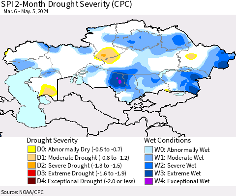 Kazakhstan SPI 2-Month Drought Severity (CPC) Thematic Map For 3/6/2024 - 5/5/2024