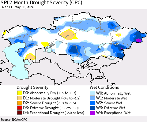 Kazakhstan SPI 2-Month Drought Severity (CPC) Thematic Map For 3/11/2024 - 5/10/2024