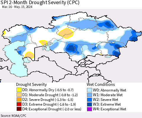 Kazakhstan SPI 2-Month Drought Severity (CPC) Thematic Map For 3/16/2024 - 5/15/2024