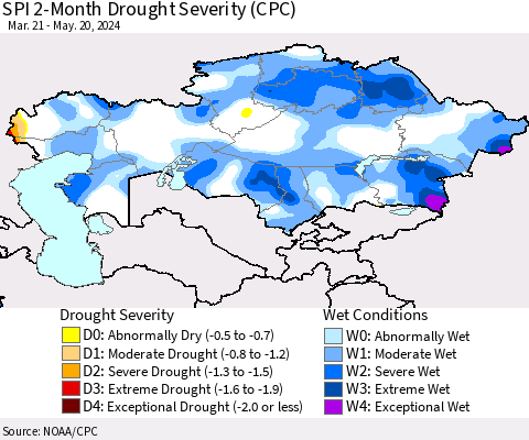 Kazakhstan SPI 2-Month Drought Severity (CPC) Thematic Map For 3/21/2024 - 5/20/2024
