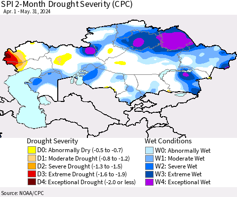 Kazakhstan SPI 2-Month Drought Severity (CPC) Thematic Map For 4/1/2024 - 5/31/2024