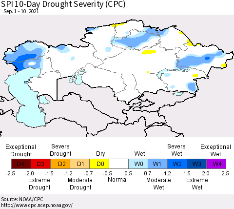 Kazakhstan SPI 10-Day Drought Severity (CPC) Thematic Map For 9/1/2021 - 9/10/2021
