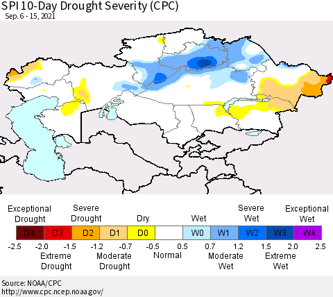 Kazakhstan SPI 10-Day Drought Severity (CPC) Thematic Map For 9/6/2021 - 9/15/2021