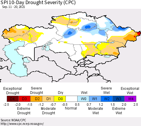 Kazakhstan SPI 10-Day Drought Severity (CPC) Thematic Map For 9/11/2021 - 9/20/2021