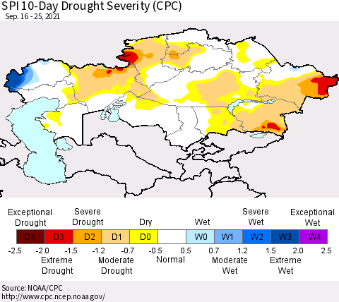 Kazakhstan SPI 10-Day Drought Severity (CPC) Thematic Map For 9/16/2021 - 9/25/2021