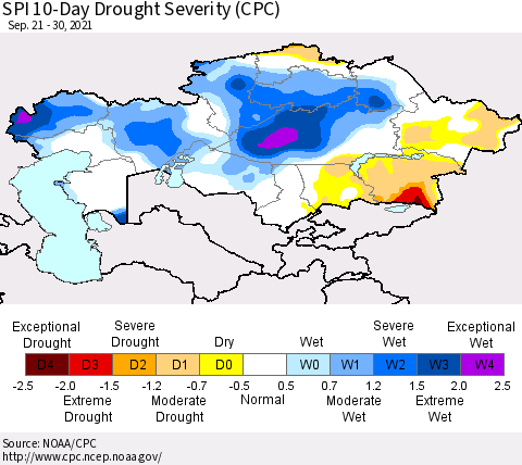 Kazakhstan SPI 10-Day Drought Severity (CPC) Thematic Map For 9/21/2021 - 9/30/2021