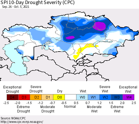 Kazakhstan SPI 10-Day Drought Severity (CPC) Thematic Map For 9/26/2021 - 10/5/2021