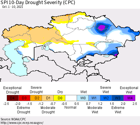 Kazakhstan SPI 10-Day Drought Severity (CPC) Thematic Map For 10/1/2021 - 10/10/2021