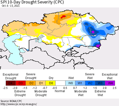 Kazakhstan SPI 10-Day Drought Severity (CPC) Thematic Map For 10/6/2021 - 10/15/2021