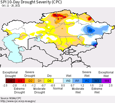 Kazakhstan SPI 10-Day Drought Severity (CPC) Thematic Map For 10/11/2021 - 10/20/2021