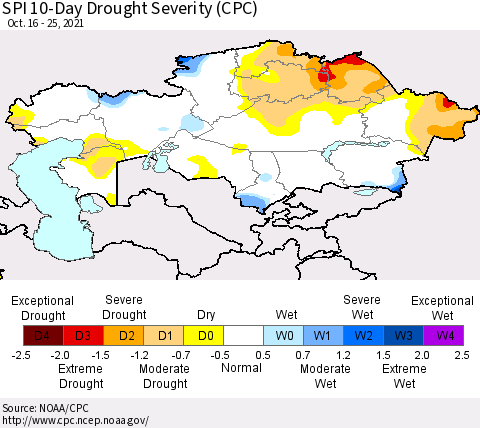 Kazakhstan SPI 10-Day Drought Severity (CPC) Thematic Map For 10/16/2021 - 10/25/2021