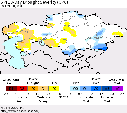 Kazakhstan SPI 10-Day Drought Severity (CPC) Thematic Map For 10/21/2021 - 10/31/2021