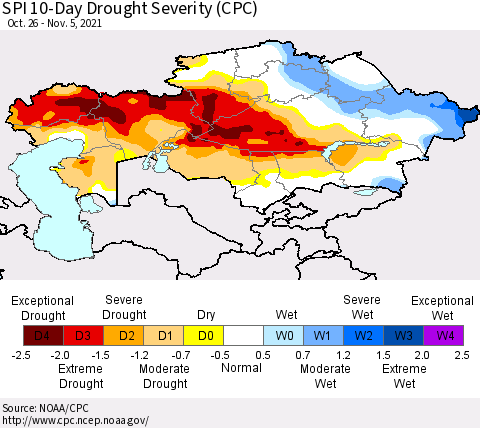 Kazakhstan SPI 10-Day Drought Severity (CPC) Thematic Map For 10/26/2021 - 11/5/2021