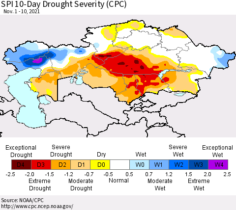 Kazakhstan SPI 10-Day Drought Severity (CPC) Thematic Map For 11/1/2021 - 11/10/2021