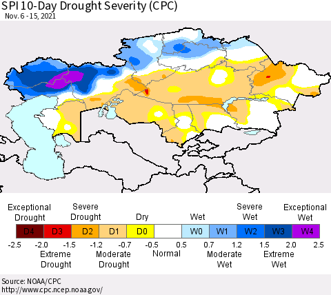 Kazakhstan SPI 10-Day Drought Severity (CPC) Thematic Map For 11/6/2021 - 11/15/2021