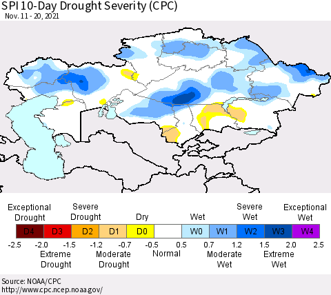 Kazakhstan SPI 10-Day Drought Severity (CPC) Thematic Map For 11/11/2021 - 11/20/2021