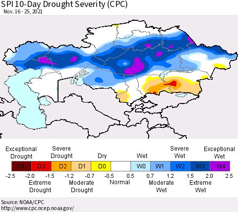 Kazakhstan SPI 10-Day Drought Severity (CPC) Thematic Map For 11/16/2021 - 11/25/2021