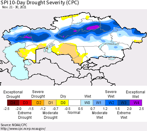 Kazakhstan SPI 10-Day Drought Severity (CPC) Thematic Map For 11/21/2021 - 11/30/2021