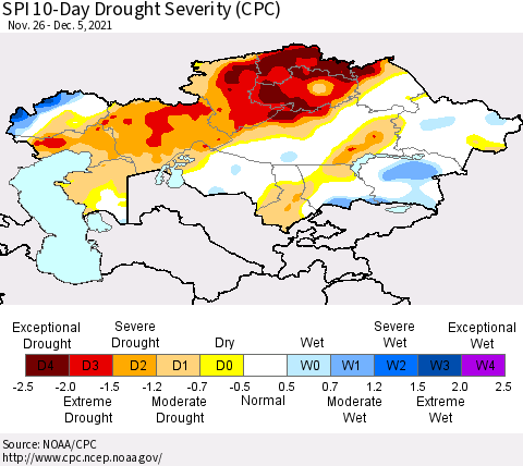 Kazakhstan SPI 10-Day Drought Severity (CPC) Thematic Map For 11/26/2021 - 12/5/2021