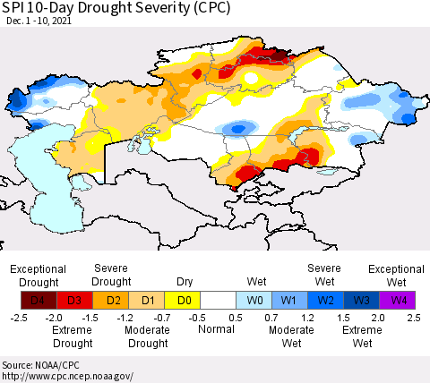 Kazakhstan SPI 10-Day Drought Severity (CPC) Thematic Map For 12/1/2021 - 12/10/2021
