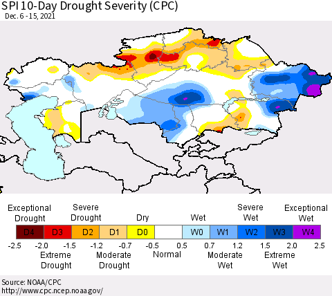 Kazakhstan SPI 10-Day Drought Severity (CPC) Thematic Map For 12/6/2021 - 12/15/2021