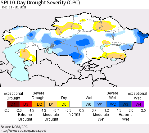 Kazakhstan SPI 10-Day Drought Severity (CPC) Thematic Map For 12/11/2021 - 12/20/2021