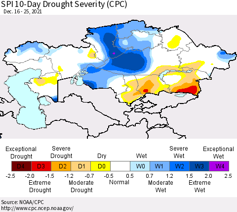Kazakhstan SPI 10-Day Drought Severity (CPC) Thematic Map For 12/16/2021 - 12/25/2021