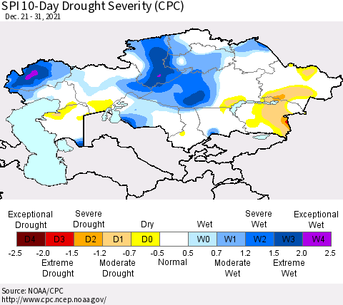 Kazakhstan SPI 10-Day Drought Severity (CPC) Thematic Map For 12/21/2021 - 12/31/2021