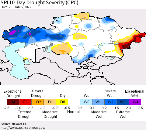Kazakhstan SPI 10-Day Drought Severity (CPC) Thematic Map For 12/26/2021 - 1/5/2022