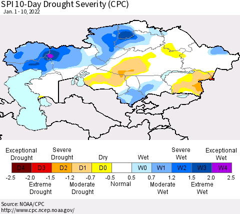 Kazakhstan SPI 10-Day Drought Severity (CPC) Thematic Map For 1/1/2022 - 1/10/2022