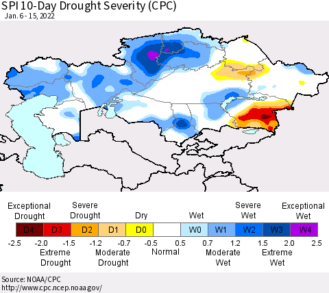 Kazakhstan SPI 10-Day Drought Severity (CPC) Thematic Map For 1/6/2022 - 1/15/2022