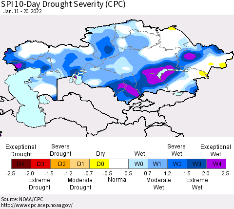 Kazakhstan SPI 10-Day Drought Severity (CPC) Thematic Map For 1/11/2022 - 1/20/2022