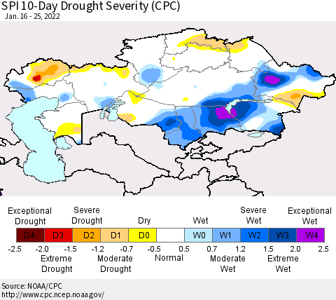Kazakhstan SPI 10-Day Drought Severity (CPC) Thematic Map For 1/16/2022 - 1/25/2022