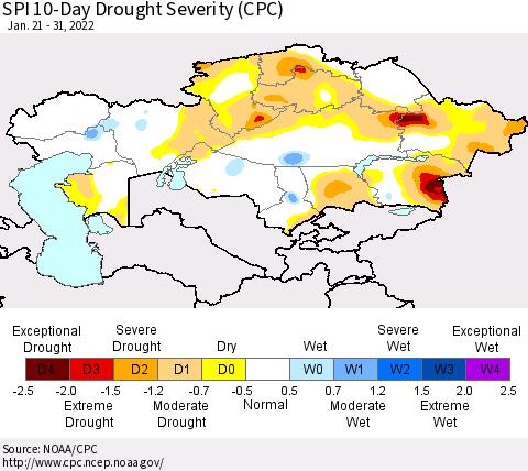 Kazakhstan SPI 10-Day Drought Severity (CPC) Thematic Map For 1/21/2022 - 1/31/2022