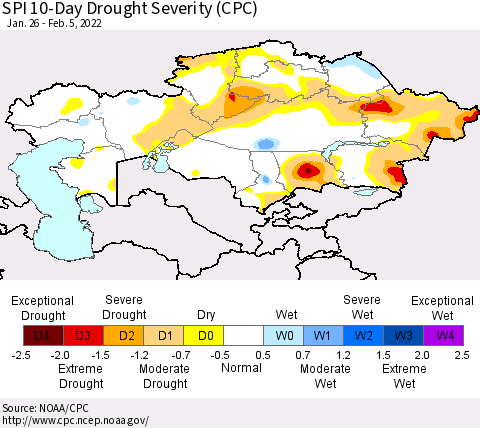Kazakhstan SPI 10-Day Drought Severity (CPC) Thematic Map For 1/26/2022 - 2/5/2022