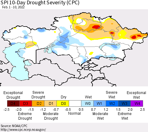 Kazakhstan SPI 10-Day Drought Severity (CPC) Thematic Map For 2/1/2022 - 2/10/2022