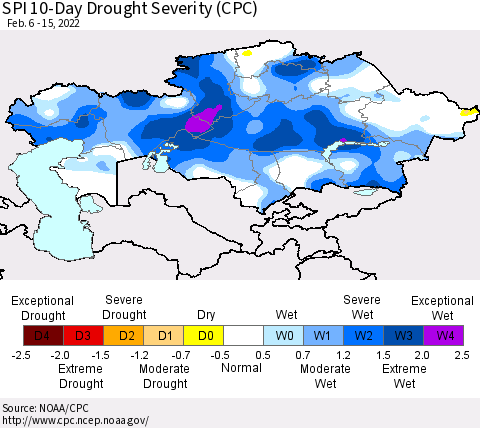 Kazakhstan SPI 10-Day Drought Severity (CPC) Thematic Map For 2/6/2022 - 2/15/2022