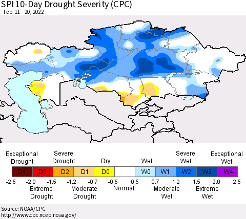 Kazakhstan SPI 10-Day Drought Severity (CPC) Thematic Map For 2/11/2022 - 2/20/2022