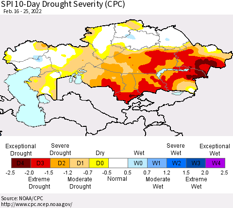 Kazakhstan SPI 10-Day Drought Severity (CPC) Thematic Map For 2/16/2022 - 2/25/2022