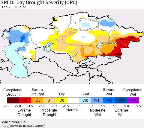 Kazakhstan SPI 10-Day Drought Severity (CPC) Thematic Map For 2/21/2022 - 2/28/2022