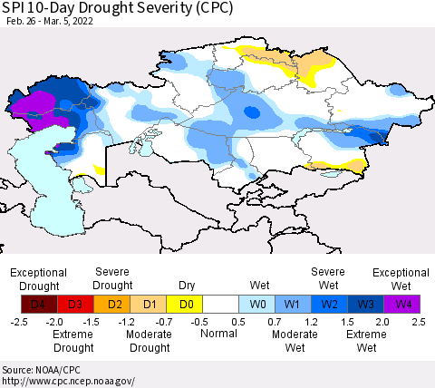 Kazakhstan SPI 10-Day Drought Severity (CPC) Thematic Map For 2/26/2022 - 3/5/2022