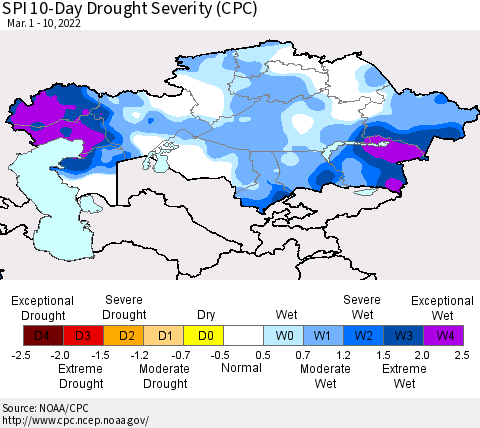 Kazakhstan SPI 10-Day Drought Severity (CPC) Thematic Map For 3/1/2022 - 3/10/2022