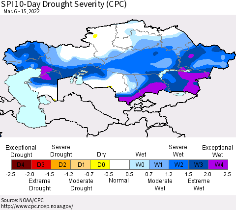 Kazakhstan SPI 10-Day Drought Severity (CPC) Thematic Map For 3/6/2022 - 3/15/2022