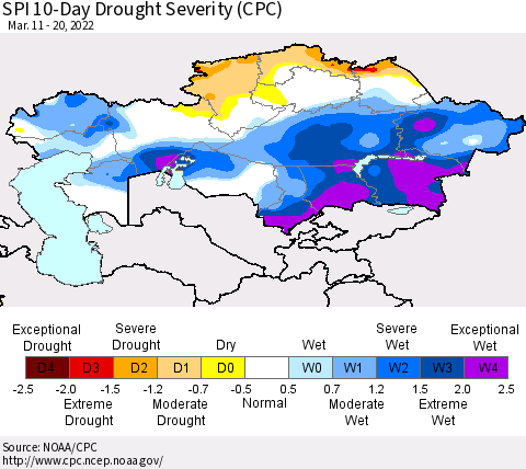Kazakhstan SPI 10-Day Drought Severity (CPC) Thematic Map For 3/11/2022 - 3/20/2022