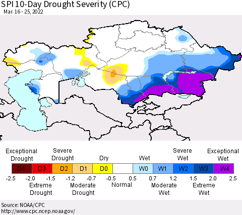 Kazakhstan SPI 10-Day Drought Severity (CPC) Thematic Map For 3/16/2022 - 3/25/2022