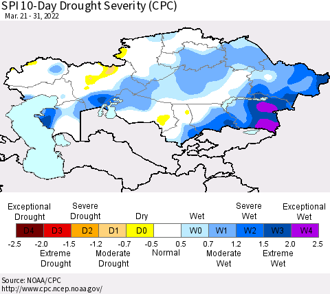 Kazakhstan SPI 10-Day Drought Severity (CPC) Thematic Map For 3/21/2022 - 3/31/2022